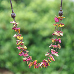 Wood and coconut shell beaded strand necklace, 'Fragments of Sweetness' - Hand-Painted Fuchsia and Yellow Beaded Three-Strand Necklace