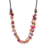 Wood and coconut shell beaded strand necklace, 'Fragments of Sweetness' - Hand-Painted Fuchsia and Yellow Beaded Three-Strand Necklace