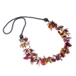 Wood and coconut shell beaded strand necklace, 'Fragments of Sweetness' - Hand-Painted Fuchsia and Yellow Beaded Three-Strand Necklace
