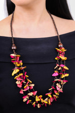 Wood and coconut shell beaded strand necklace, 'Fragments of Sweetness' - Hand-Painted Fuchsia and Yellow Beaded Three-Strand Necklace