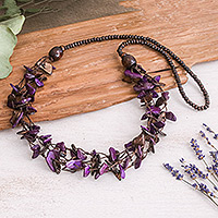 Wood and coconut shell beaded strand necklace, 'Fragments of Magic' - Hand-Painted Purple and Brown Beaded Three-Strand Necklace