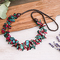 Wood and coconut shell beaded strand necklace, 'Fragments of Fantasy' - Painted Turquoise and Fuchsia Beaded Three-Strand Necklace