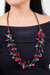 Wood and coconut shell beaded strand necklace, 'Fragments of Fantasy' - Painted Turquoise and Fuchsia Beaded Three-Strand Necklace