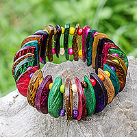 Coconut shell and wood beaded stretch bracelet, 'Joy of Nature' - colourful Coconut Shell Stretch Bracelet with Wooden Beads