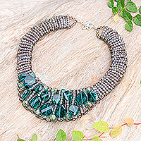 Glass beaded choker necklace, 'Bewitched Night' - Steel and Glass Beaded Choker Necklace in Turquoise Hues