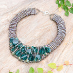 Glass beaded choker necklace, 'Bewitched Night' - Steel and Glass Beaded Choker Necklace in Turquoise Hues