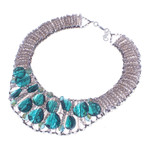 Glass beaded choker necklace, 'Bewitched Night' - Steel and Glass Beaded Choker Necklace in Turquoise Hues