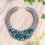 Glass beaded choker necklace, 'Bewitched Night' - Steel and Glass Beaded Choker Necklace in Turquoise Hues