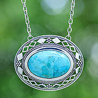 Sterling silver pendant necklace, 'Infinite Lagoon' - Thai Handcrafted Reconstituted Turquoise Pendant Necklace