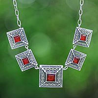 Carnelian link pendant necklace, 'Autumn Majesty' - Natural Carnelian Link Necklace with Square Pendants