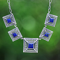 Lapis lazuli link pendant necklace, 'Enchanted Majesty' - Lapis Lazuli Cabochon Link Necklace with Square Pendants