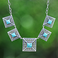 Sterling silver link pendant necklace, 'Serene Majesty' - Reconstituted Turquoise Link Necklace with Square Pendants