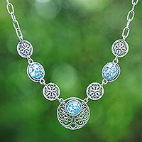 Roman glass link pendant necklace, 'Fairyland Reflections' - Floral Roman Glass Link Necklace with Filigree Pendants