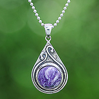 Charoite pendant necklace, 'Waves of Change' - Polished and Oxidized Natural Charoite Pendant Necklace