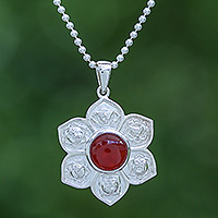 Carnelian pendant necklace, 'Chakra Fiery Spirit' - Natural Carnelian and Sterling Silver Floral Necklace