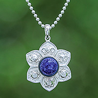 Lapis lazuli pendant necklace, 'Chakra Regal Spirit' - Lapis Lazuli and Sterling Silver Floral Necklace