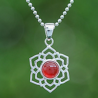 Carnelian pendant necklace, 'Frozen Courage' - High-Polished Floral Natural Carnelian Pendant Necklace