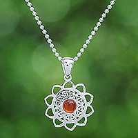 Carnelian pendant necklace, 'Blooming in Red' - Openwork Carnelian Silver Chakra Floral Pendant Necklace