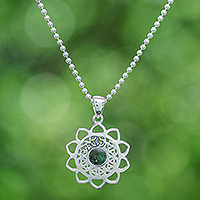 Reconstituted turquoise pendant necklace, 'Blooming in Green' - Reconstituted Turquoise Silver Floral Pendant Necklace