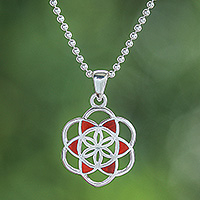 Carnelian pendant necklace, 'Red Floral Geometry' - Carnelian Silver Chakra Floral Geometric Pendant Necklace