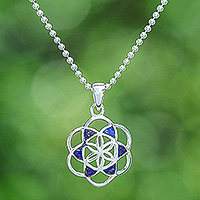 Lapis lazuli pendant necklace, 'Blue Floral Geometry' - Lapis Lazuli Silver Chakra Floral Geometric Pendant Necklace