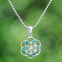 Reconstituted turquoise pendant necklace, 'Aqua Floral Geometry' - Reconstituted Turquoise Floral Geometric Pendant Necklace