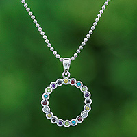 Multi-gemstone pendant necklace, 'Rainbow Ring' - Multi-Gemstone Sterling Silver Circle Pendant Necklace