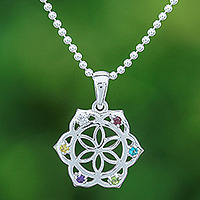 Multi-gemstone pendant necklace, 'Rainbow Flora' - Multi-Gemstone Silver Chakra Floral Pendant Necklace