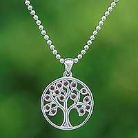 Garnet pendant necklace, 'Vibrant Tree of Life' - Silver Tree of Life Pendant Necklace with Garnet Stones