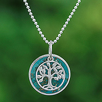 Reconstituted turquoise pendant necklace, 'Chic Tree of Life' - Reconstituted Turquoise Silver Tree of Life Pendant Necklace