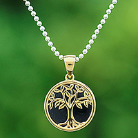 Gold-plated onyx pendant necklace, 'Glorious Haven at Night' - 18k Gold-plated Onyx Cabochon Tree of Life Pendant Necklace