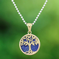 Gold-plated lapis lazuli pendant necklace, 'Glorious Haven in Lapis' - 18k Gold-plated Lapis Lazuli Tree of Life Pendant Necklace