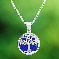 Lapis lazuli pendant necklace, 'Haven in Lapis' - Lapis Lazuli and Sterling Silver Tree of Life Necklace