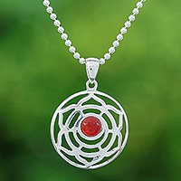 Carnelian pendant necklace, 'Fiery Rose' - Rose-Themed Natural Carnelian Pendant Necklace from Thailand