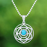 Sterling silver pendant necklace, 'Peaceful Rose' - Rose-Themed Recon Turquoise Pendant Necklace from Thailand