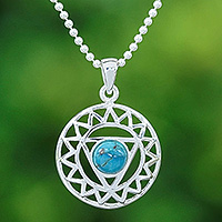 Sterling silver pendant necklace, 'Triangle of Peace' - Star and Geometric-Themed Recon Turquoise Pendant Necklace