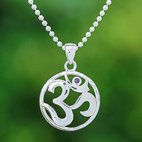 Amethyst pendant necklace, 'Om of Wisdom' - Polished Amethyst Round Om Pendant Necklace from Thailand