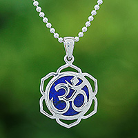 Lapis lazuli pendant necklace, 'Sacred Regal Bloom' - Floral Om-Themed Lapis Lazuli Pendant Necklace from Thailand