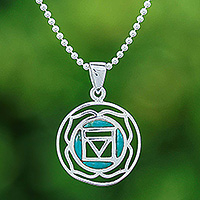 Sterling silver pendant necklace, 'Mind in Peace' - Inspirational Lotus-Themed Recon Turquoise Pendant Necklace