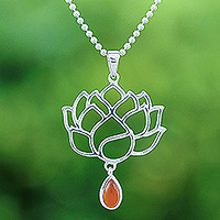 Carnelian pendant necklace, 'Orange Chakra Bloom' - Openwork Carnelian Silver Chakra Floral Pendant Necklace