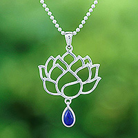 Lapis lazuli pendant necklace, 'Blue Chakra Bloom' - Lapis Lazuli Sterling Silver Chakra Floral Pendant Necklace