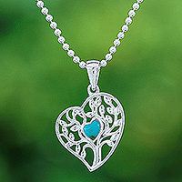 Reconstituted turquoise pendant necklace, 'Green Tree of Love' - Reconstituted Turquoise Tree of Life Heart Pendant Necklace