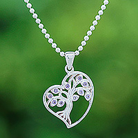 Amethyst pendant necklace, 'Radiant Heart Tree' - Amethyst Silver Heart Tree of Life-Themed Pendant Necklace