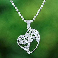 White topaz pendant necklace, 'Sparkling Heart Tree' - White Topaz Heart and Tree of Life-Themed Pendant Necklace