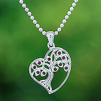 Garnet pendant necklace, 'Fiery Heart Tree' - Garnet Silver Heart and Tree of Life-Themed Pendant Necklace