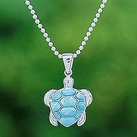 Larimar pendant necklace, 'Seaside Friend' - Larimar Sterling Silver Sea Turtle-Themed Pendant Necklace