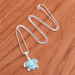 Larimar pendant necklace, 'Seaside Friend' - Larimar Sterling Silver Sea Turtle-Themed Pendant Necklace
