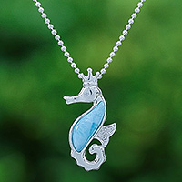 Larimar and cubic zirconia pendant necklace, 'Seahorse Sparkle' - Larimar Cubic Zirconia Silver Seahorse Pendant Necklace