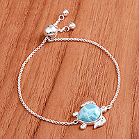 Larimar pendant bracelet, 'Ocean Bound' - Larimar Sterling Silver Sea Turtle-Themed Pendant Bracelet