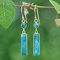 Gold-plated reconstituted turquoise dangle earrings, 'Glam Magic' - Gold-Plated Reconstituted Turquoise Bar Dangle Earrings